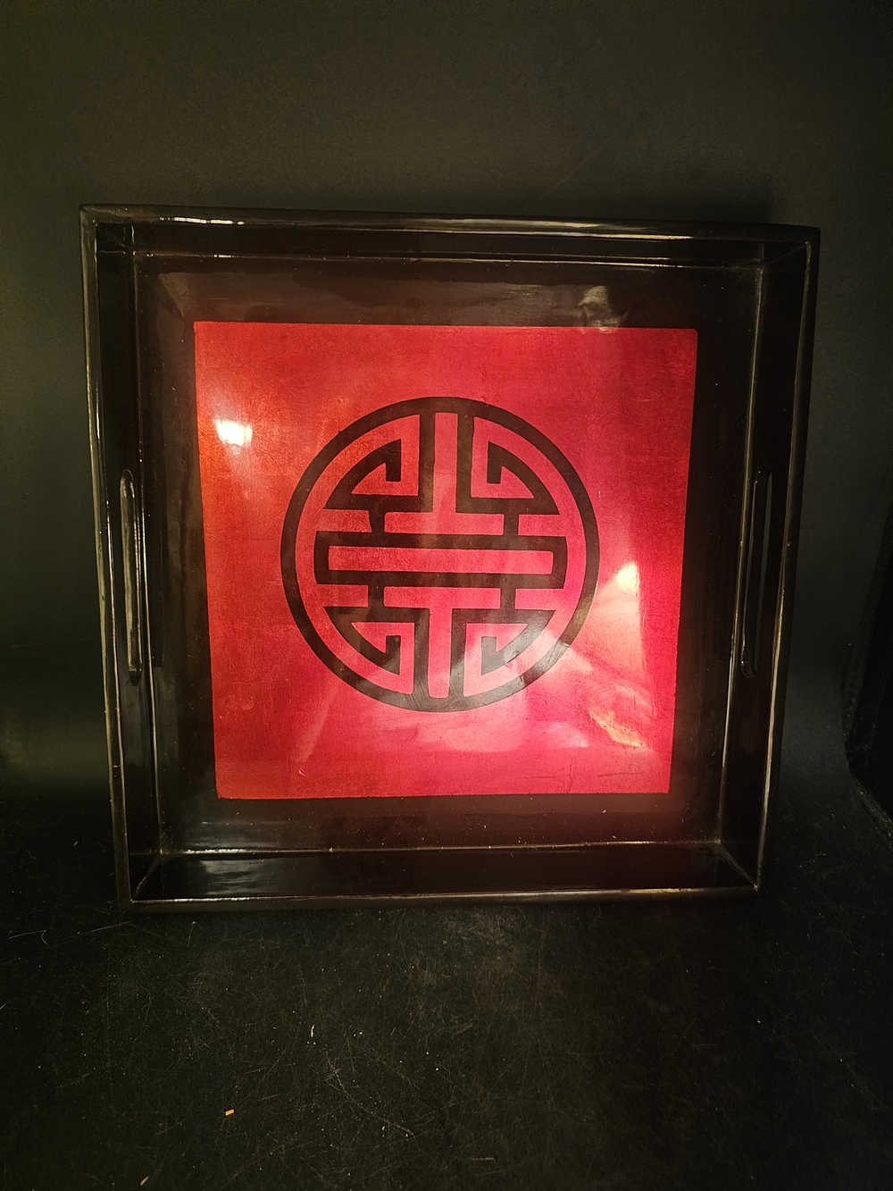 Unique Vintage Red And Black Lacquered Longevity Tray